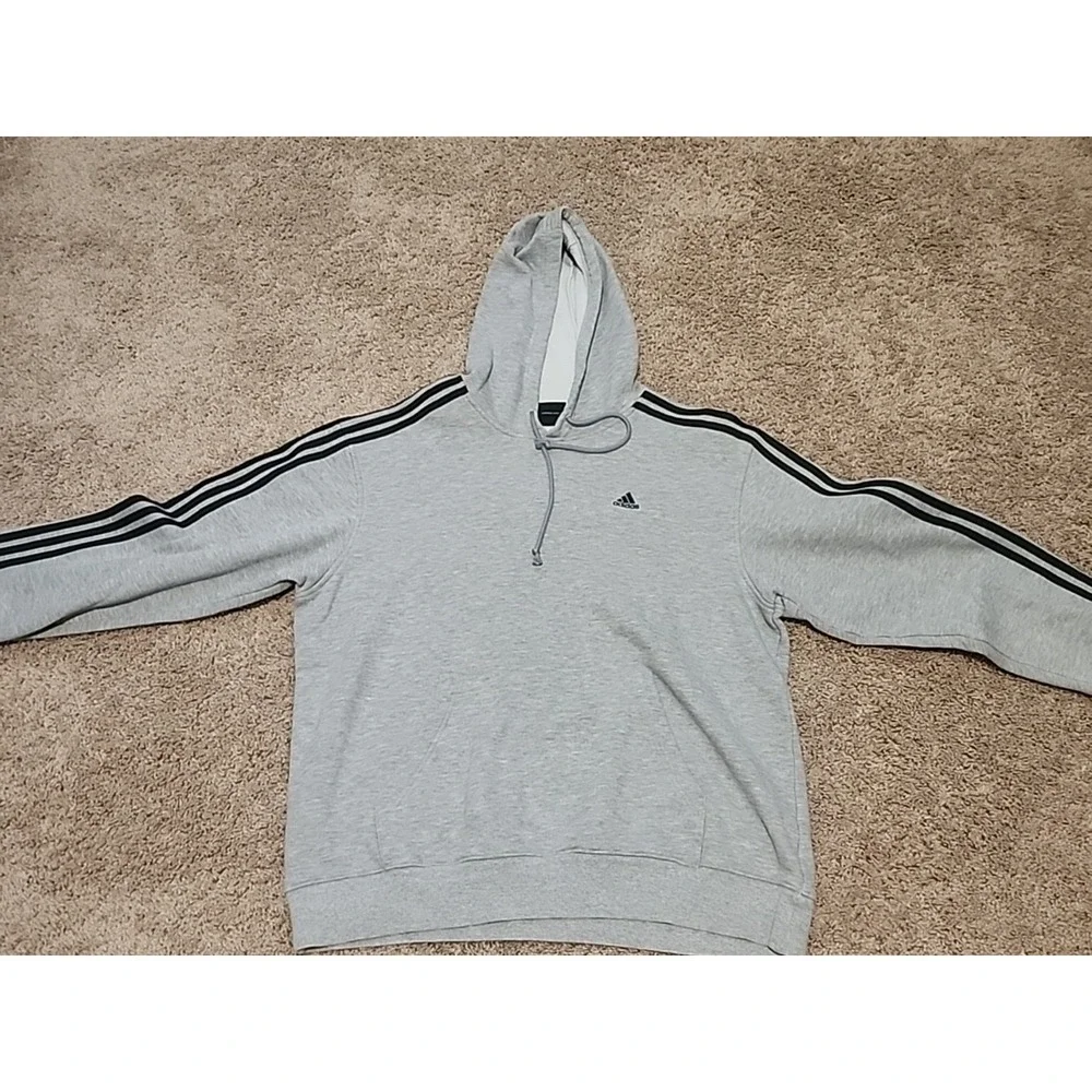 Vintage Adidas‎ Men's Large Hoodie Pullover Gray Striped Sleeves - Excellent
